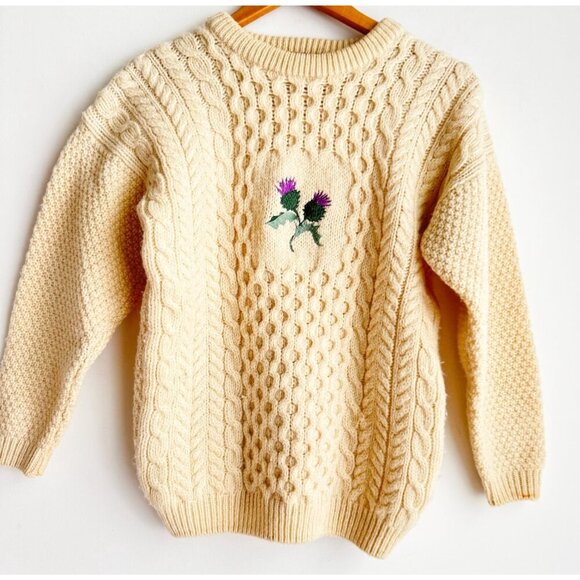 Vintage Highland Home Industries Ivory Wool Floral Chunky Sweater S - Picture 2 of 5